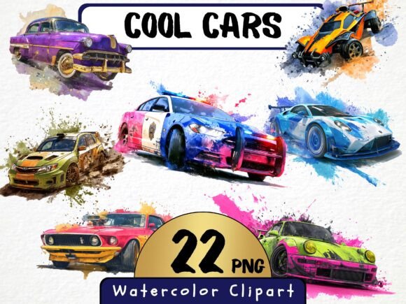 Cool Cars Clipart: A Watercolor Collection for Dynamic Design