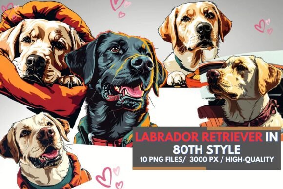 Labrador PNGs in Retro 80s Style: A Nostalgic Design Asset