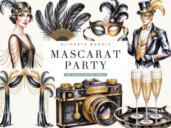 Masquerade Party Clipart Bundle: Watercolor Elegance for Your Designs