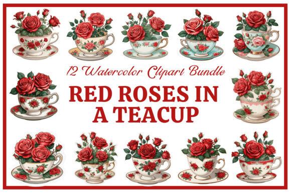 Red Roses in a Teacup Clipart: Vintage Watercolor Charm