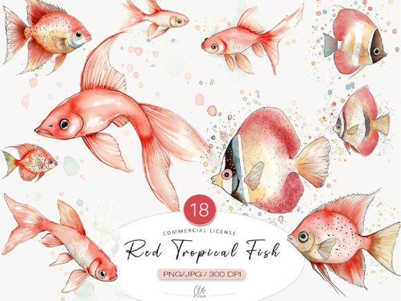 Red Tropical Fish Clipart Set: A Splash of Watercolor Wonder
