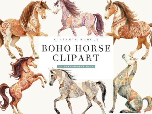 Watercolor Boho Horse Clipart: Effortless Elegance for Your Projects