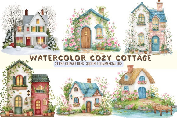 Watercolor Cozy Cottage Clipart: Hand-Painted Warmth for Every Project