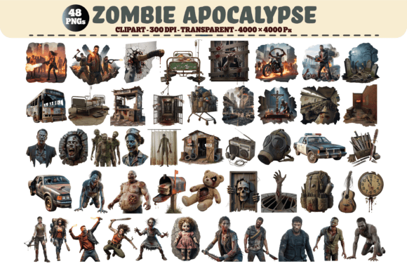 Zombie Apocalypse Clipart: 48 PNGs for Horror & Survival Projects